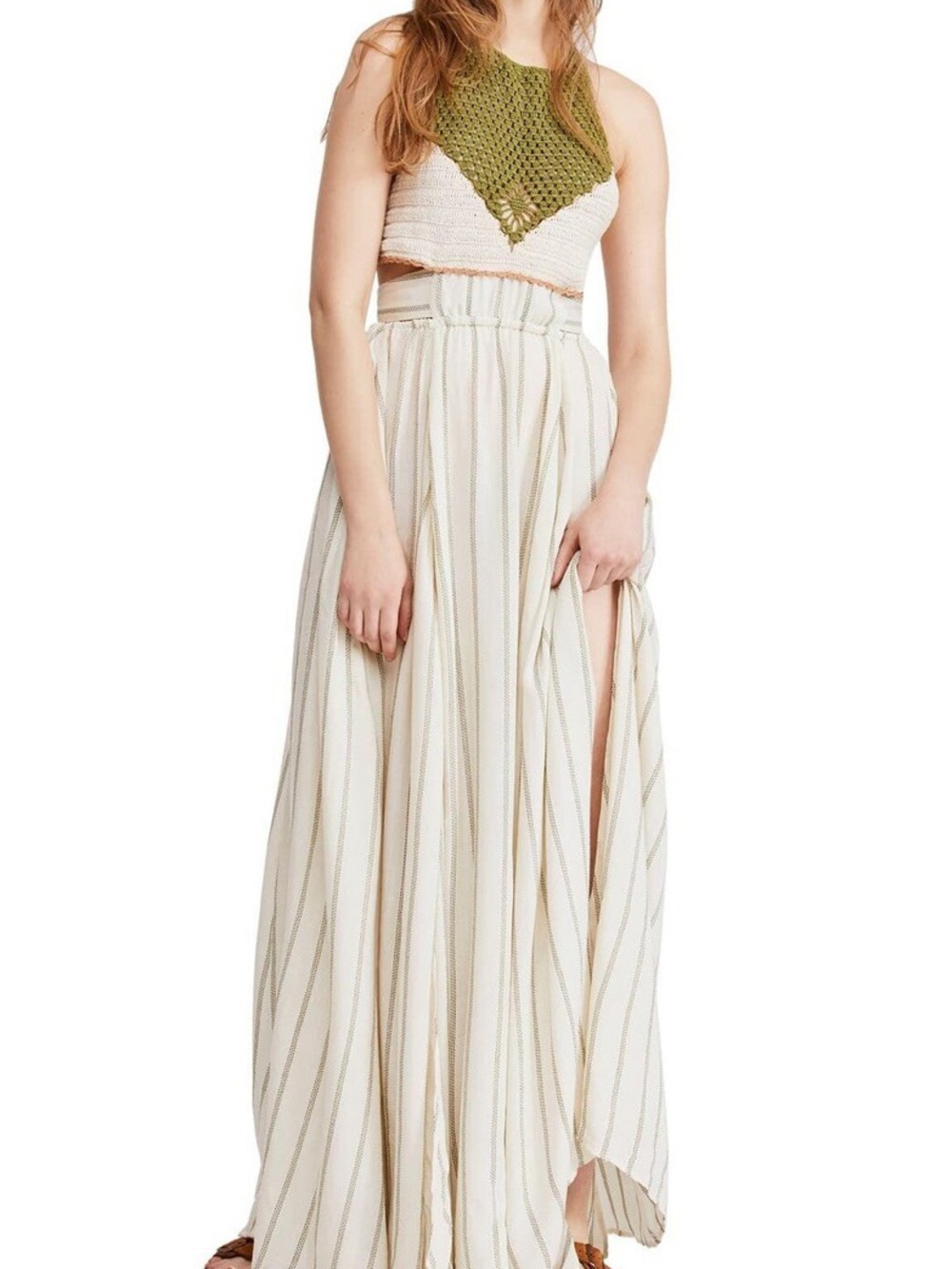 Free People Cream and Olive Striped Maxi Skirt with Side Slit